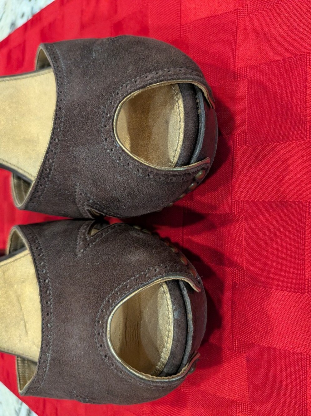 Prada Brown Suede Peep-Toe Ankle-Strap Heels with Gold Insole - Picture 3 of 10